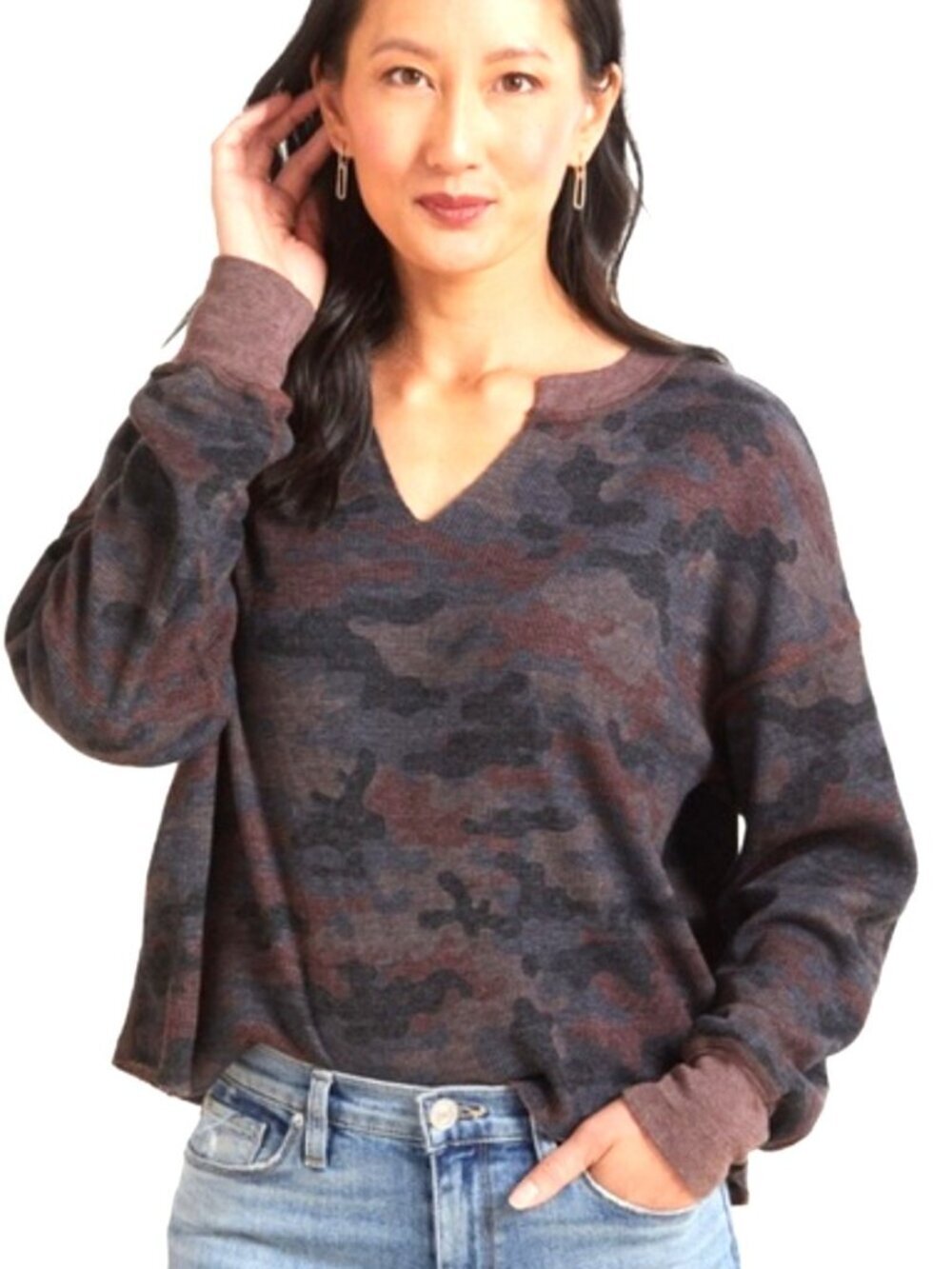 Michael Stars Camo Thermal Top Brown Gray Waffle Knit Long Sleeve Size S